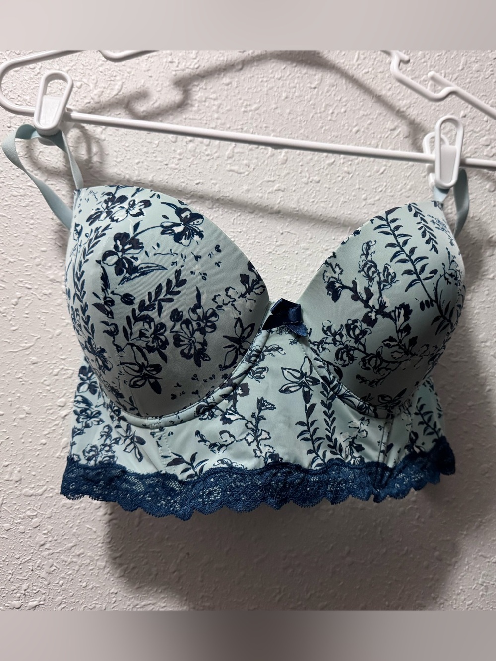 Adore Me Pale Mint Bra with Navy Floral Print and Lace